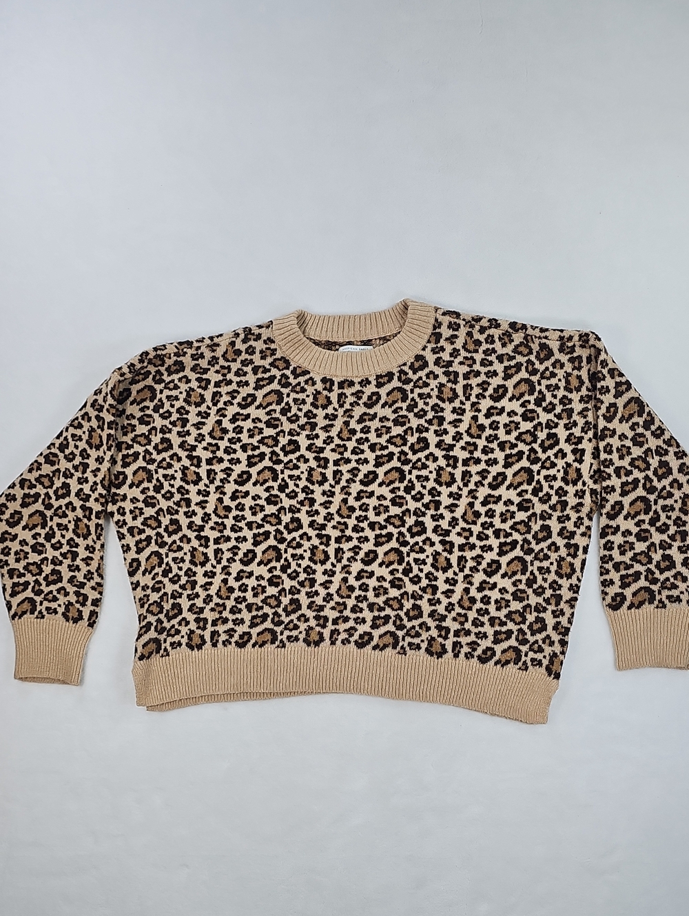 American Eagle Leopard Print Crewneck Sweater Tan Brown Animal Knit Crop Top